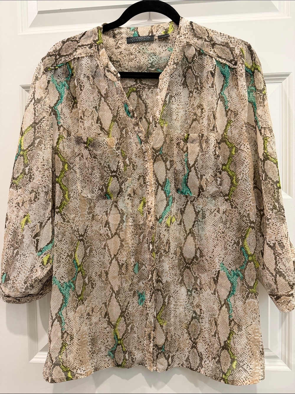 Covington Neutral Snake Print Blouse with Teal and Lime Accents